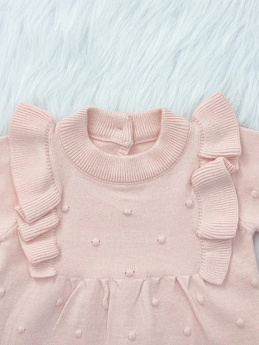Body Bebê Menina Manga Longa Babado Gola Redonda Malha Tricô Rosa 0 a 18 Meses — foto 4