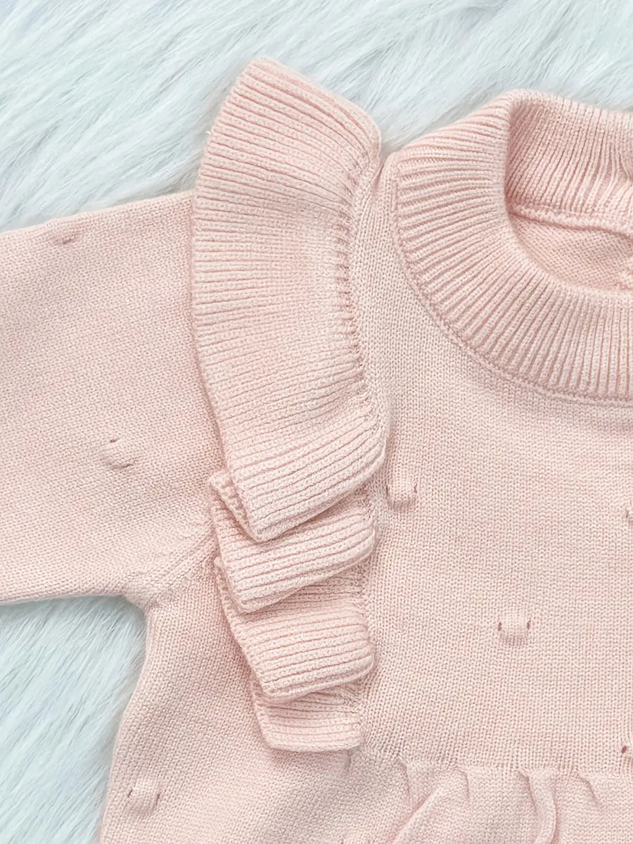 Body Bebê Menina Manga Longa Babado Gola Redonda Malha Tricô Rosa 0 a 18 Meses — foto 6