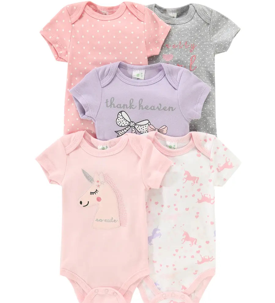 Body Bebê Menina Kit 5 Peças Manga Curta Estampado Algodão Rosa 0 a 12 Meses — foto 1