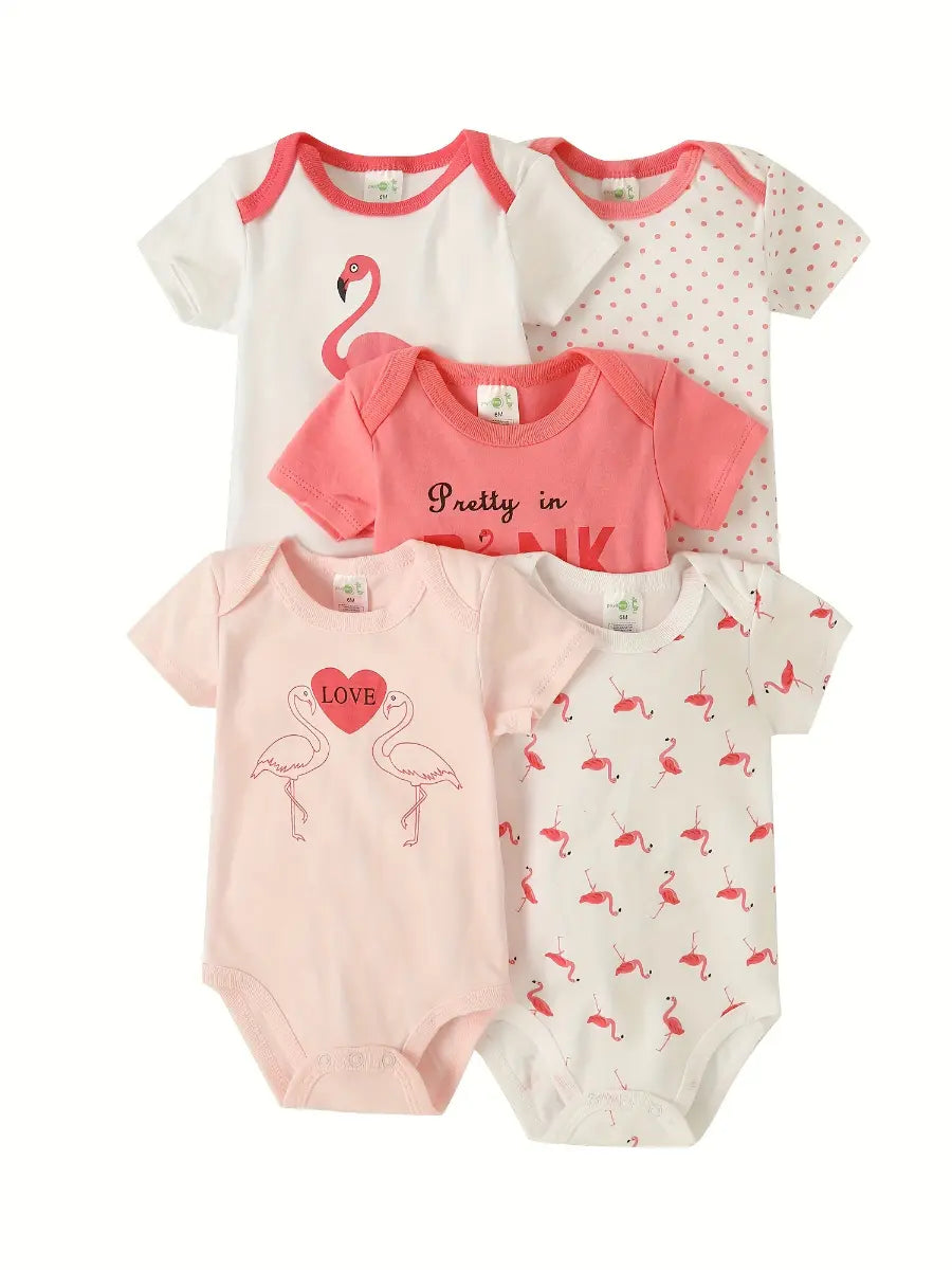Body Bebê Menina Kit 5 Peças Manga Curta Estampado Algodão Rosa 0 a 12 Meses — foto 4