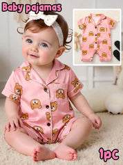 Macacão Pijama Bebê Manga Curta Estampa de Urso Cetim Rosa Botões 3 aos 24 Meses — foto 1