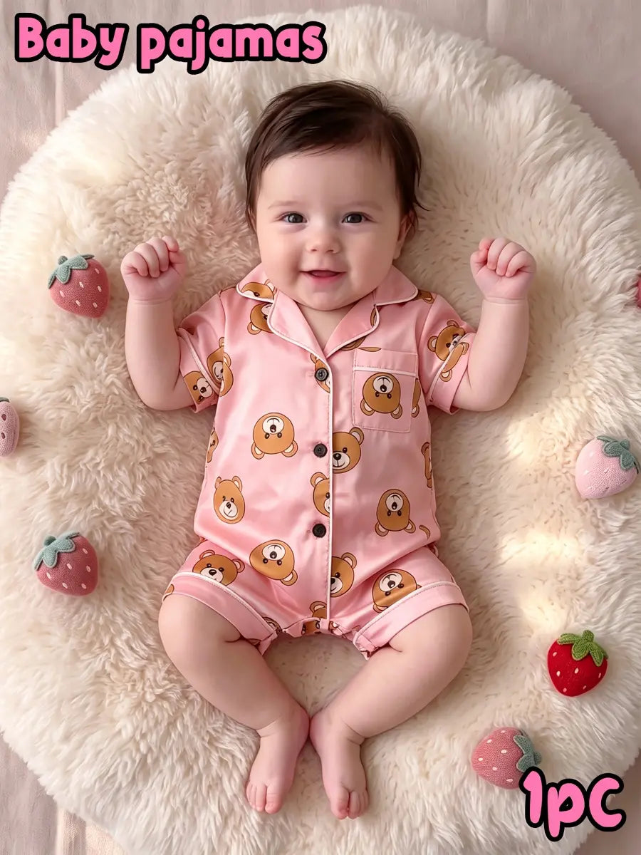 Macacão Pijama Bebê Manga Curta Estampa de Urso Cetim Rosa Botões 3 aos 24 Meses — foto 2