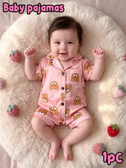 Macacão Pijama Bebê Manga Curta Estampa de Urso Cetim Rosa Botões 3 aos 24 Meses — foto 2