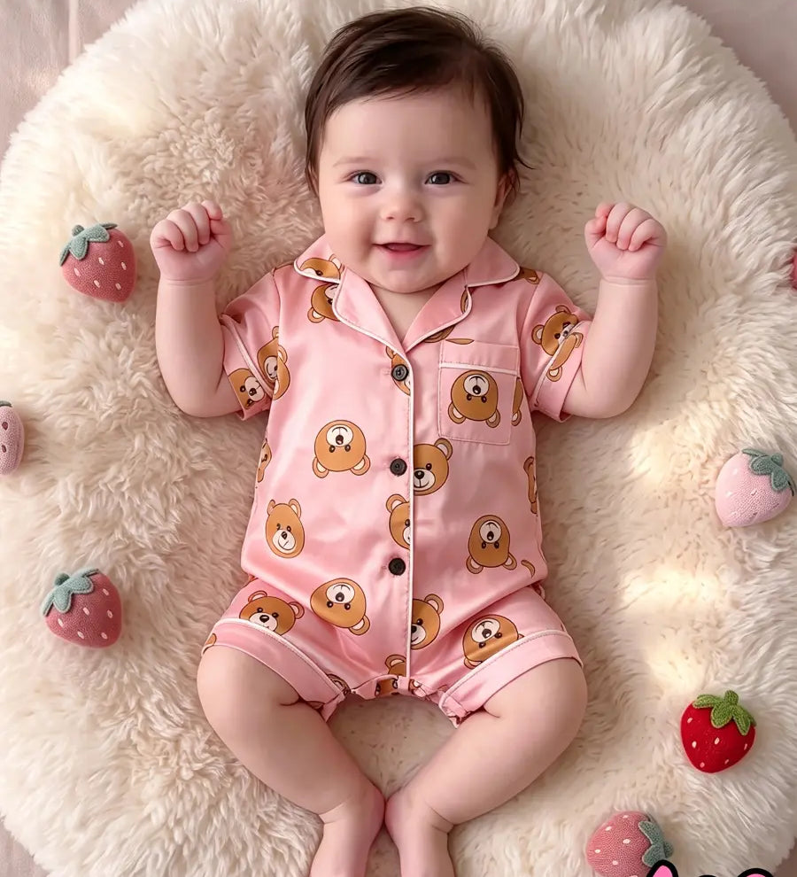 Macacão Pijama Bebê Manga Curta Estampa de Urso Cetim Rosa Botões 3 aos 24 Meses — foto 2