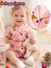 Macacão Pijama Bebê Manga Curta Estampa de Urso Cetim Rosa Botões 3 aos 24 Meses — foto 3