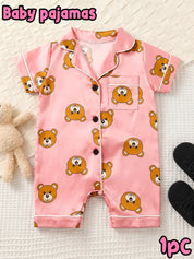 Macacão Pijama Bebê Manga Curta Estampa de Urso Cetim Rosa Botões 3 aos 24 Meses — foto 4
