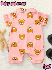 Macacão Pijama Bebê Manga Curta Estampa de Urso Cetim Rosa Botões 3 aos 24 Meses — foto 5