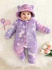 Macacão Bebê Menina Inverno com Capuz e Pézinhos Fleece Felpudo Estampa Unicórnio Estrelas Lavanda RN ao 6-9 Meses — fot