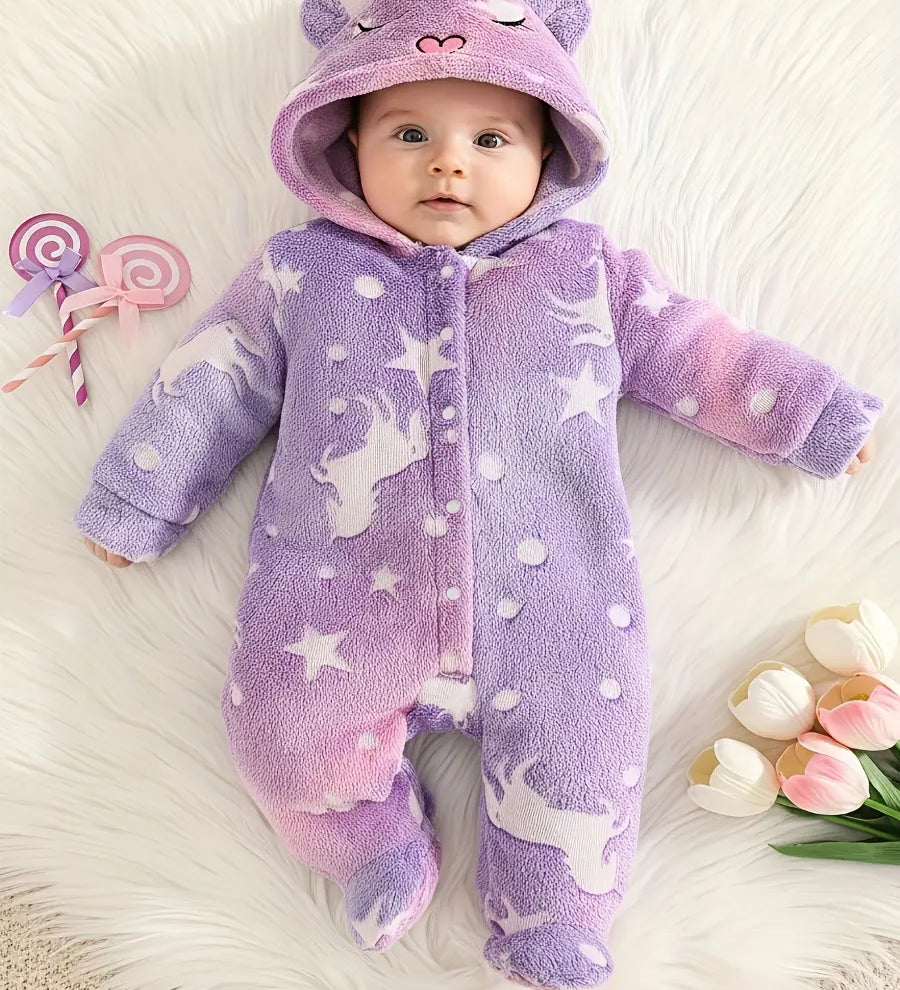 Macacão Bebê Menina Inverno com Capuz e Pézinhos Fleece Felpudo Estampa Unicórnio Estrelas Lavanda RN ao 6-9 Meses — fot