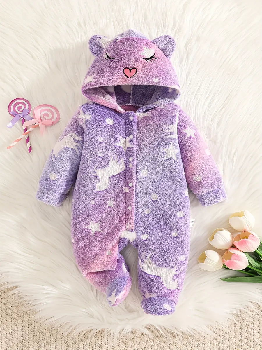 Macacão Bebê Menina Inverno com Capuz e Pézinhos Fleece Felpudo Estampa Unicórnio Estrelas Lavanda RN ao 6-9 Meses — fot