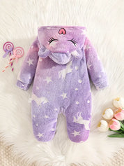 Macacão Bebê Menina Inverno com Capuz e Pézinhos Fleece Felpudo Estampa Unicórnio Estrelas Lavanda RN ao 6-9 Meses — fot