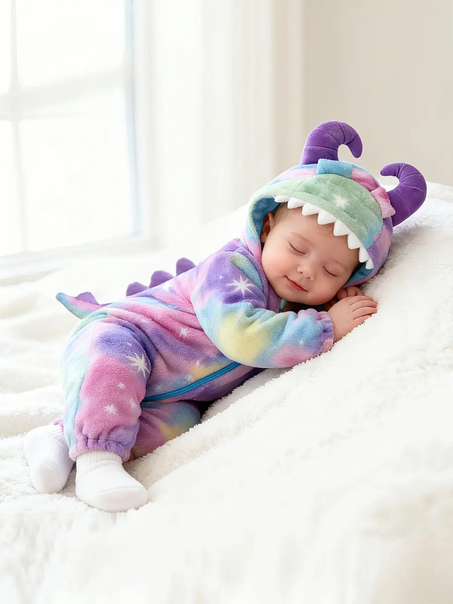 Macacão Bebê Inverno Monstro com Capuz Chifres 3D Pelúcia Flanelada Estampa Arco-Íris Recém-nascido ao 9 Meses — foto 1
