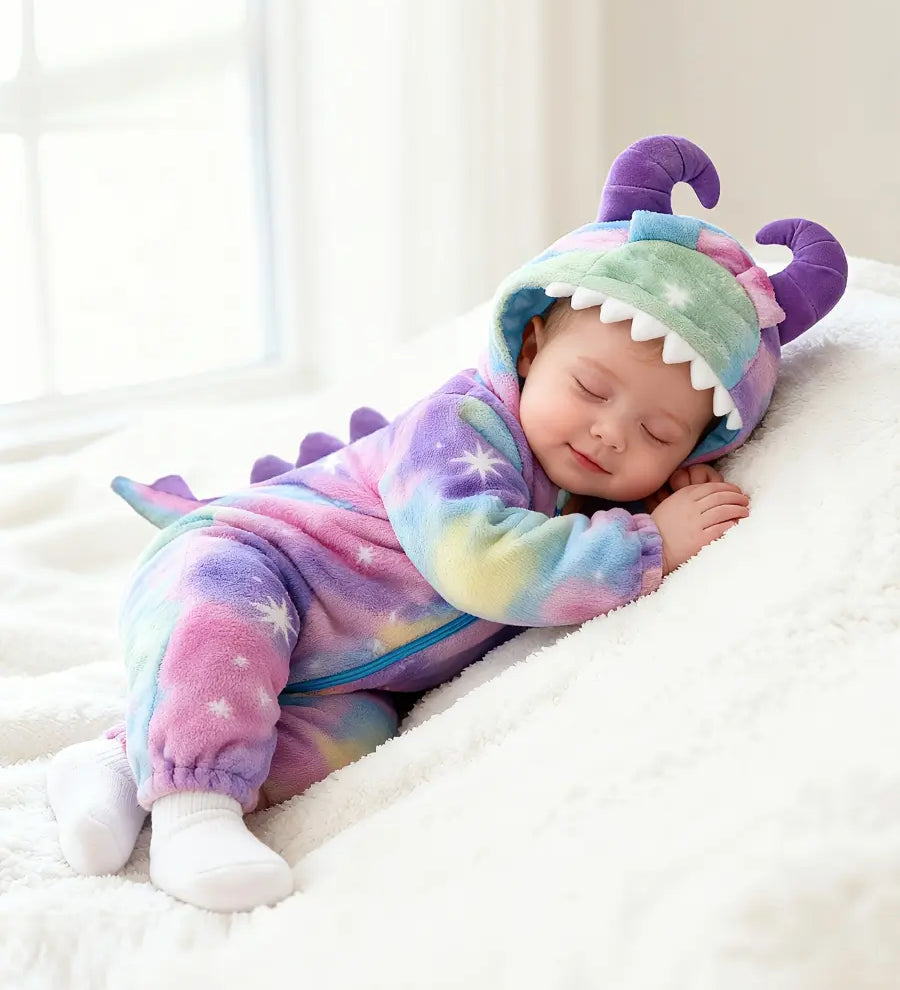 Macacão Bebê Inverno Monstro com Capuz Chifres 3D Pelúcia Flanelada Estampa Arco-Íris Recém-nascido ao 9 Meses — foto 1