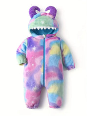 Macacão Bebê Inverno Monstro com Capuz Chifres 3D Pelúcia Flanelada Estampa Arco-Íris Recém-nascido ao 9 Meses — foto 2