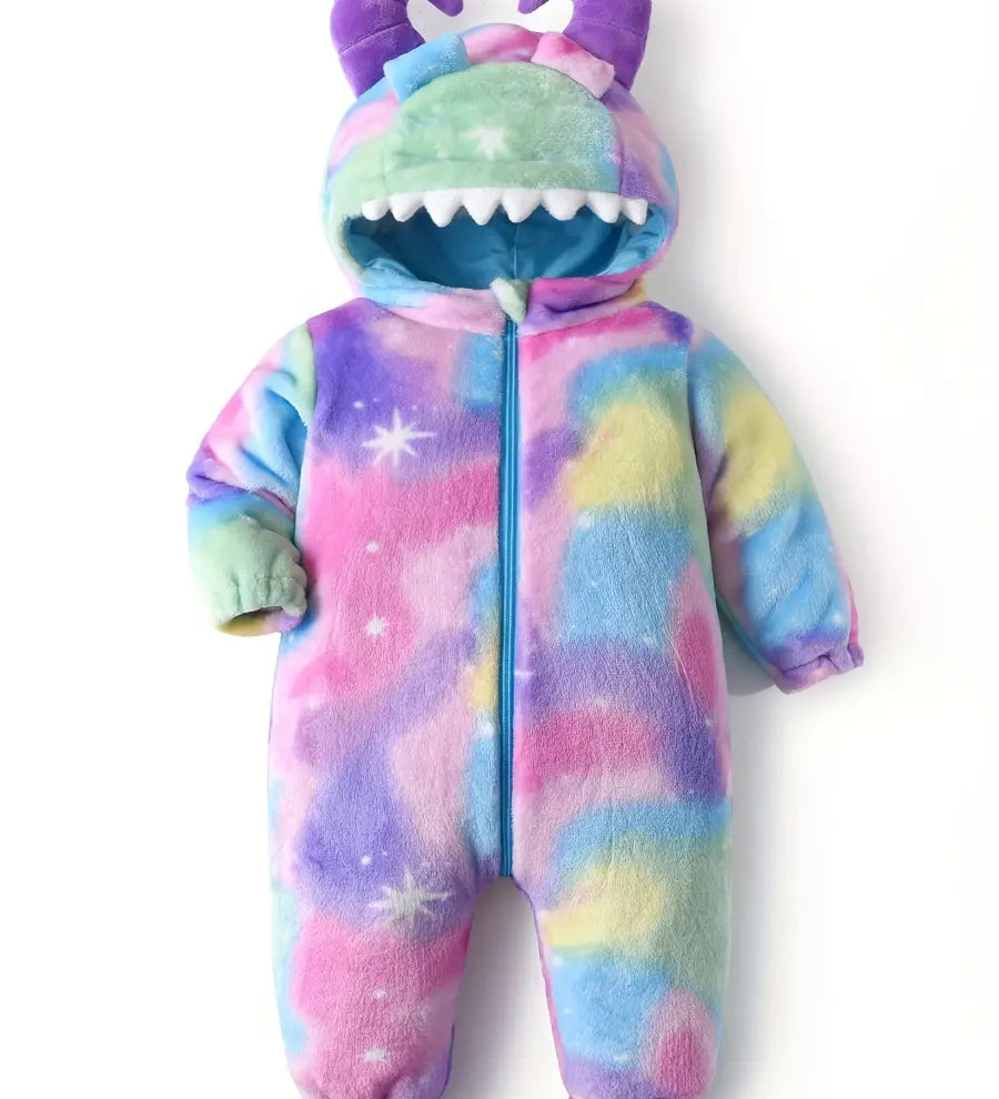 Macacão Bebê Inverno Monstro com Capuz Chifres 3D Pelúcia Flanelada Estampa Arco-Íris Recém-nascido ao 9 Meses — foto 2