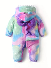 Macacão Bebê Inverno Monstro com Capuz Chifres 3D Pelúcia Flanelada Estampa Arco-Íris Recém-nascido ao 9 Meses — foto 3