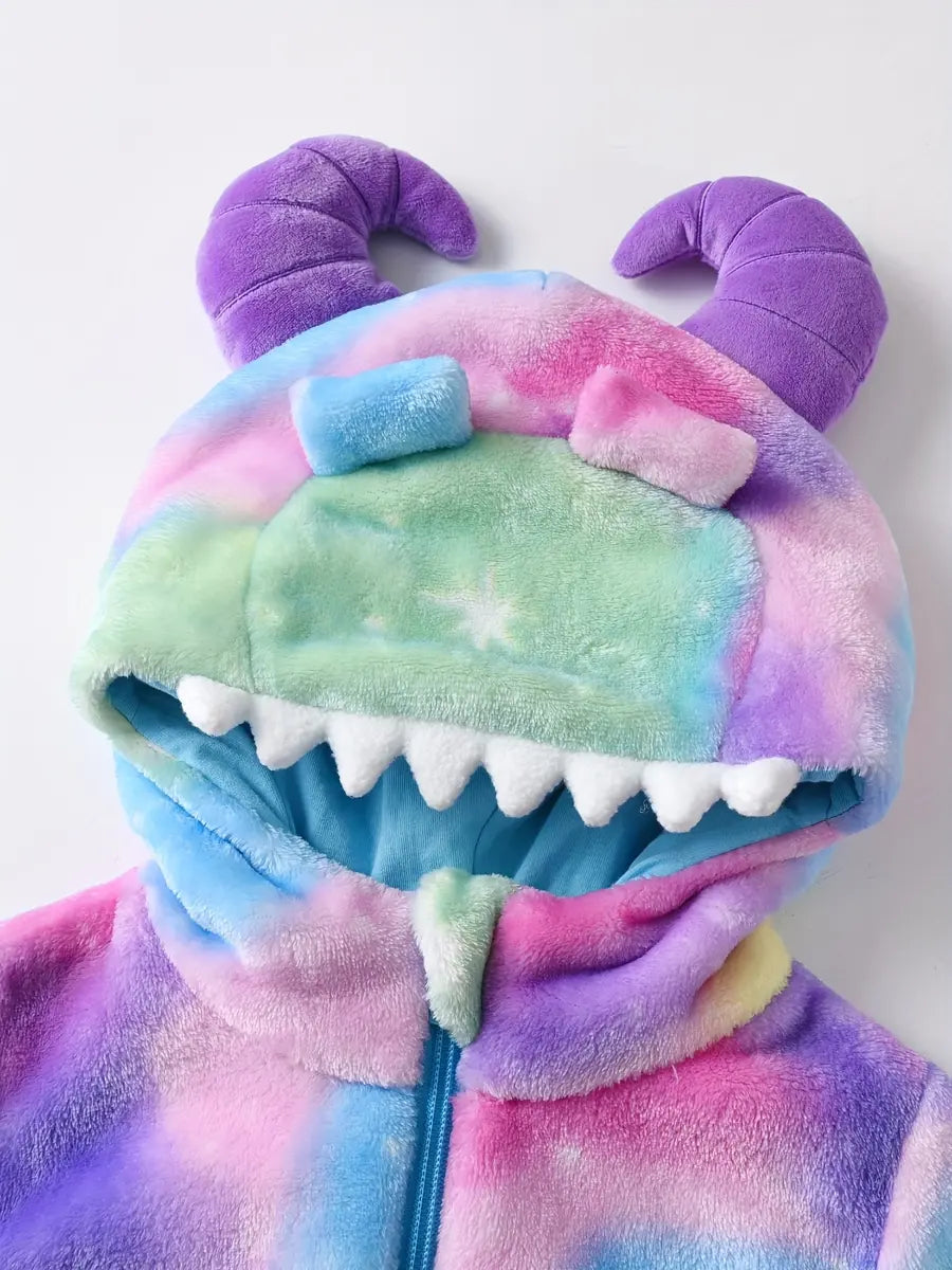 Macacão Bebê Inverno Monstro com Capuz Chifres 3D Pelúcia Flanelada Estampa Arco-Íris Recém-nascido ao 9 Meses — foto 4