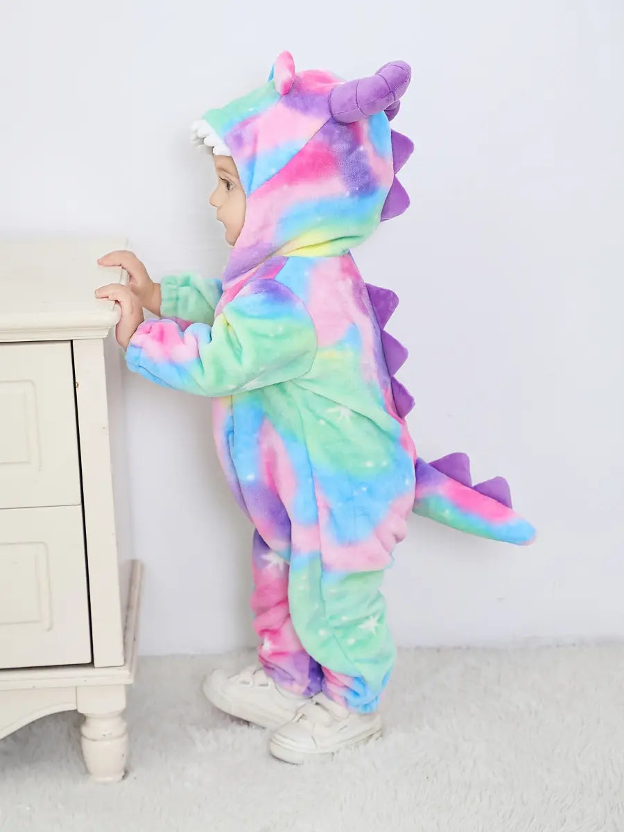 Macacão Bebê Inverno Monstro com Capuz Chifres 3D Pelúcia Flanelada Estampa Arco-Íris Recém-nascido ao 9 Meses — foto 5