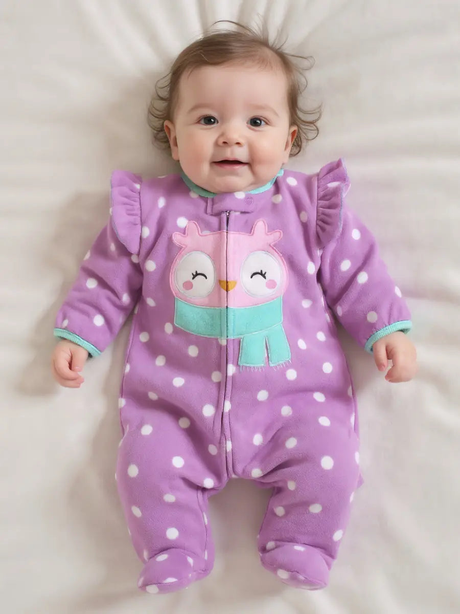 Macacão Bebê Menina com Pés Estampa Coruja Poá Zíper Fleece Roxo 0 a 9 Meses — foto 1