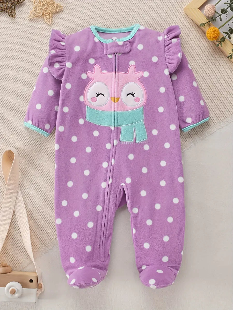 Macacão Bebê Menina com Pés Estampa Coruja Poá Zíper Fleece Roxo 0 a 9 Meses — foto 3