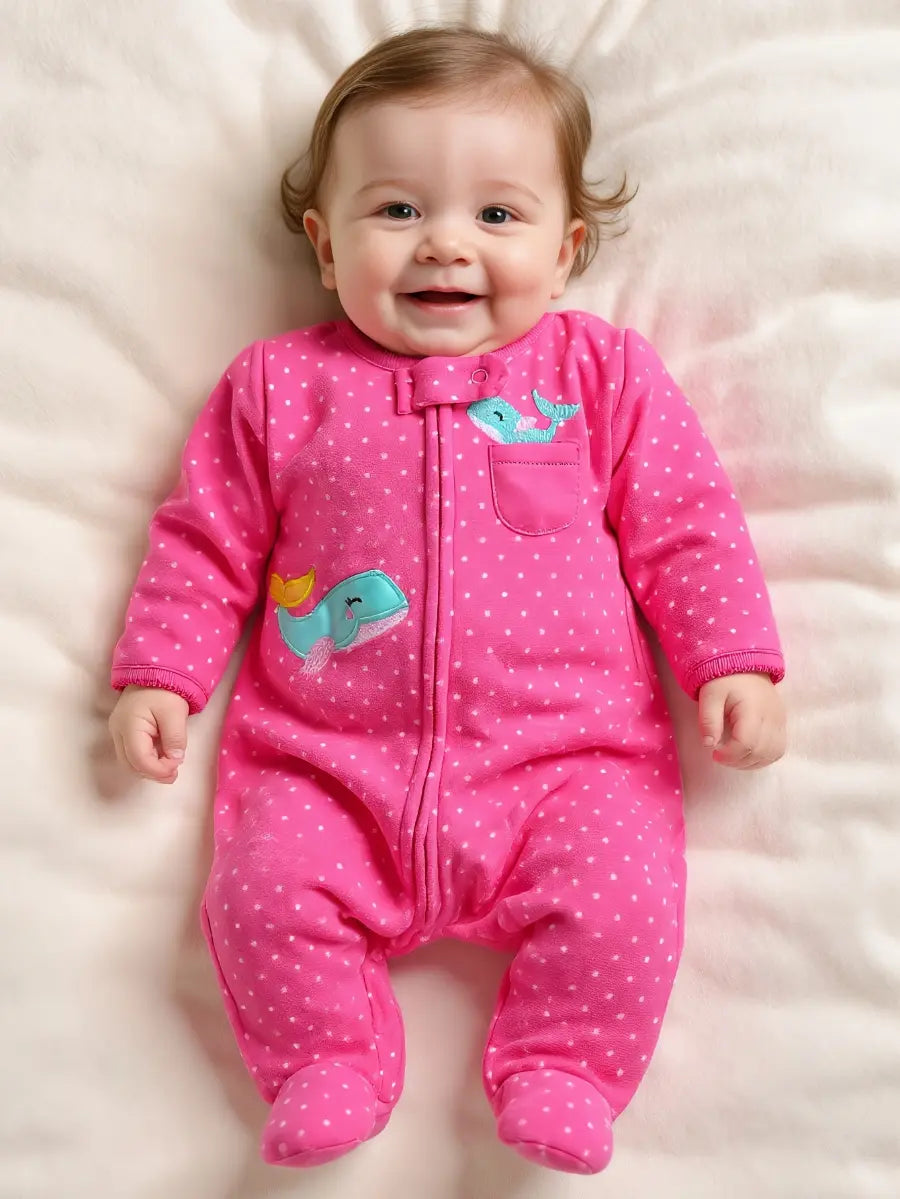 Macacão Pijama Infantil Feminino Manga Longa com Pé e Zíper Fleece Estampa de Bolinhas Rosa 0 aos 9 Meses — foto 1