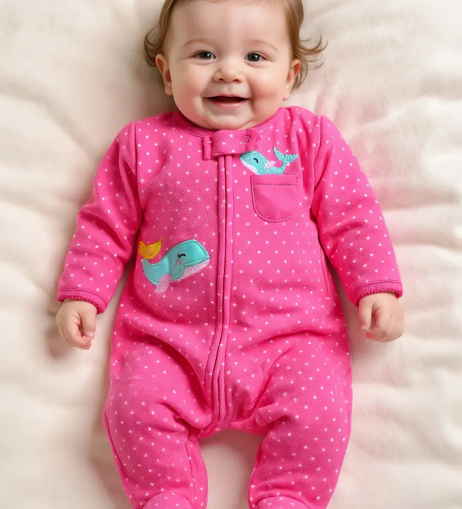 Macacão Pijama Infantil Feminino Manga Longa com Pé e Zíper Fleece Estampa de Bolinhas Rosa 0 aos 9 Meses — foto 1