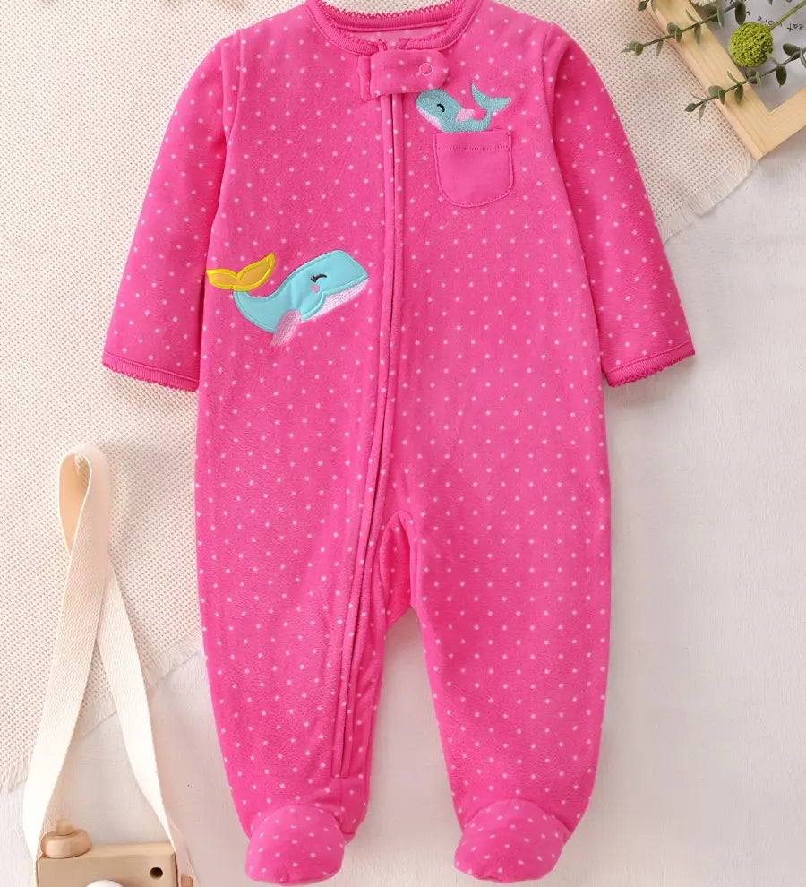 Macacão Pijama Infantil Feminino Manga Longa com Pé e Zíper Fleece Estampa de Bolinhas Rosa 0 aos 9 Meses — foto 2
