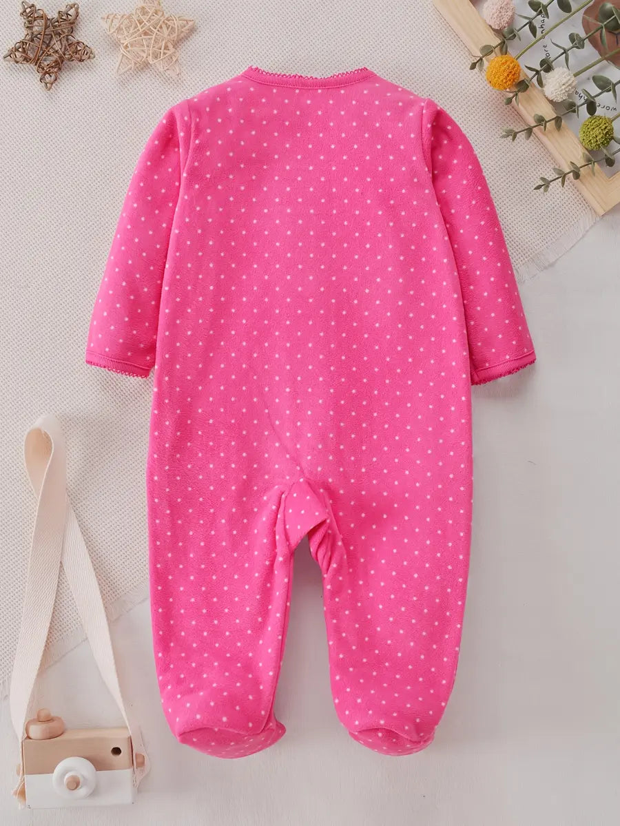 Macacão Pijama Infantil Feminino Manga Longa com Pé e Zíper Fleece Estampa de Bolinhas Rosa 0 aos 9 Meses — foto 3