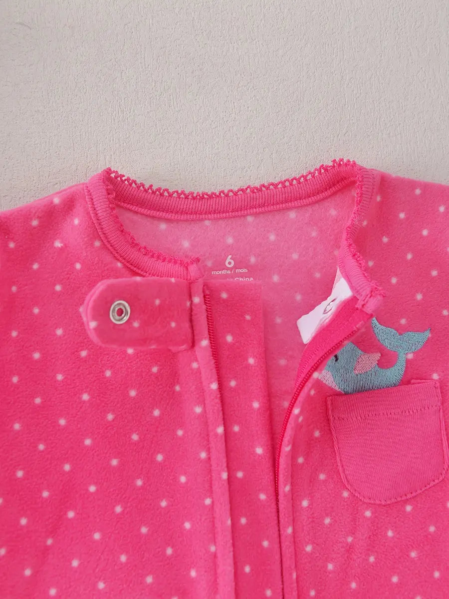 Macacão Pijama Infantil Feminino Manga Longa com Pé e Zíper Fleece Estampa de Bolinhas Rosa 0 aos 9 Meses — foto 6