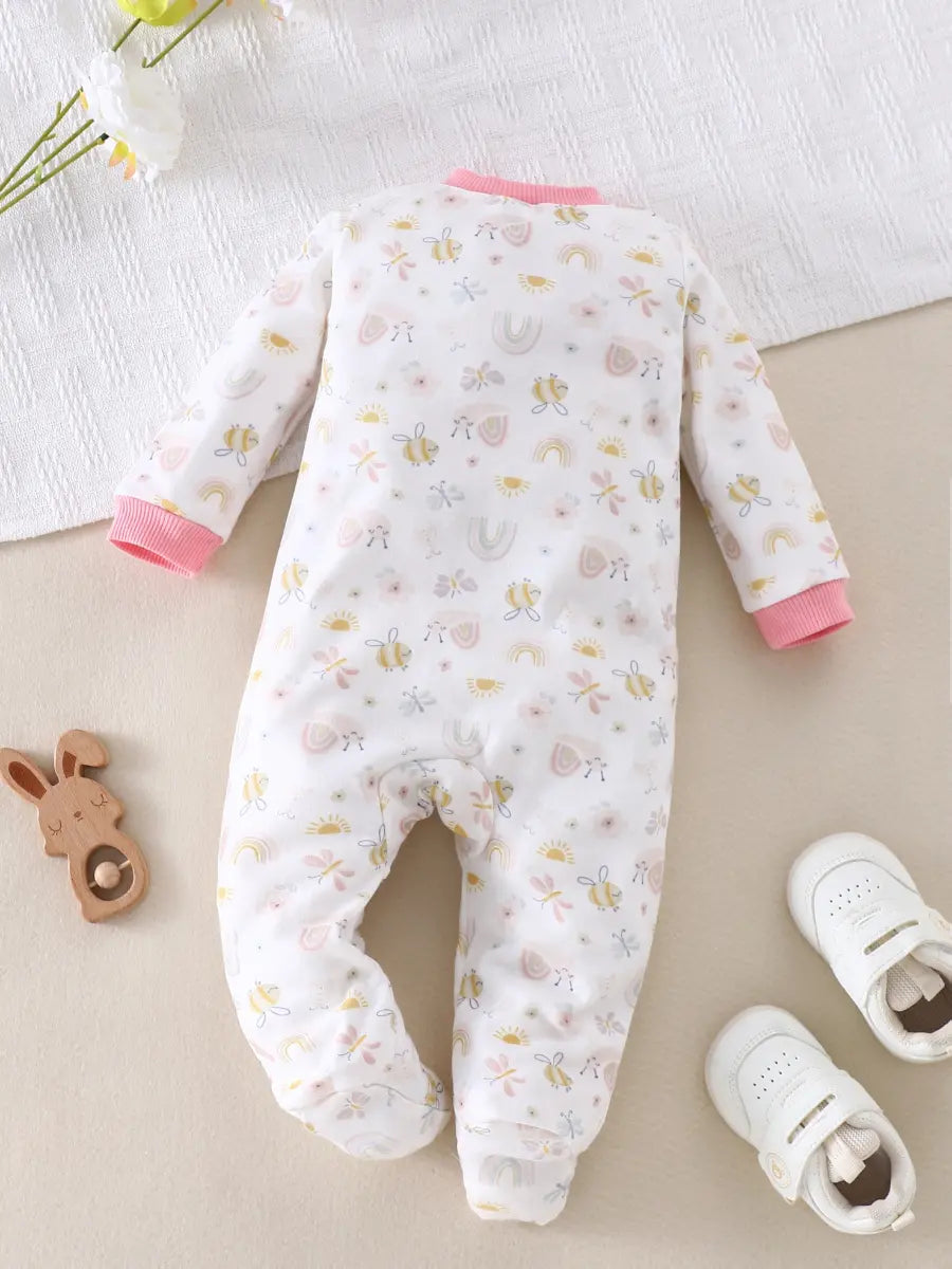 Macacão Bebê Menina com Pés Manga Longa Algodão Estampa Abelha e Floral Zíper 0 a 9 Meses — foto 2