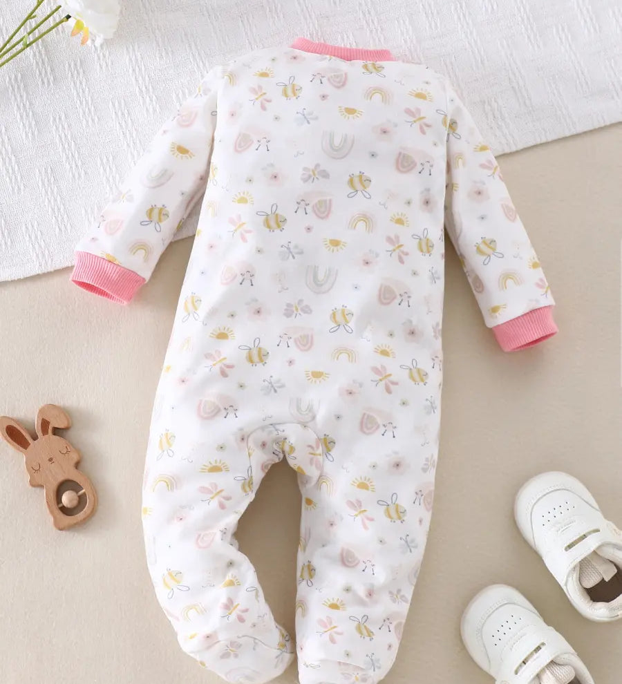 Macacão Bebê Menina com Pés Manga Longa Algodão Estampa Abelha e Floral Zíper 0 a 9 Meses — foto 2