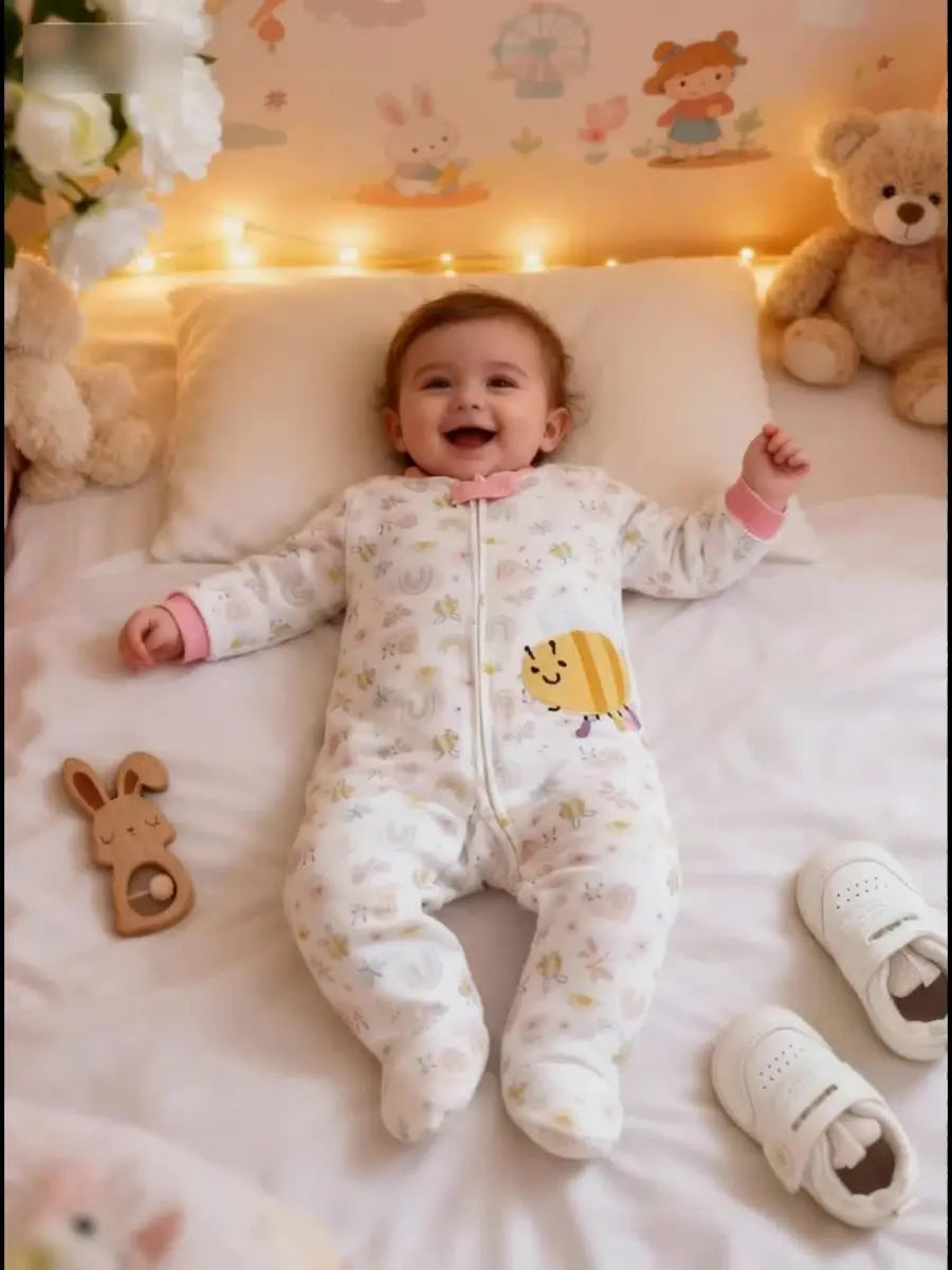 Macacão Bebê Menina com Pés Manga Longa Algodão Estampa Abelha e Floral Zíper 0 a 9 Meses — foto 10