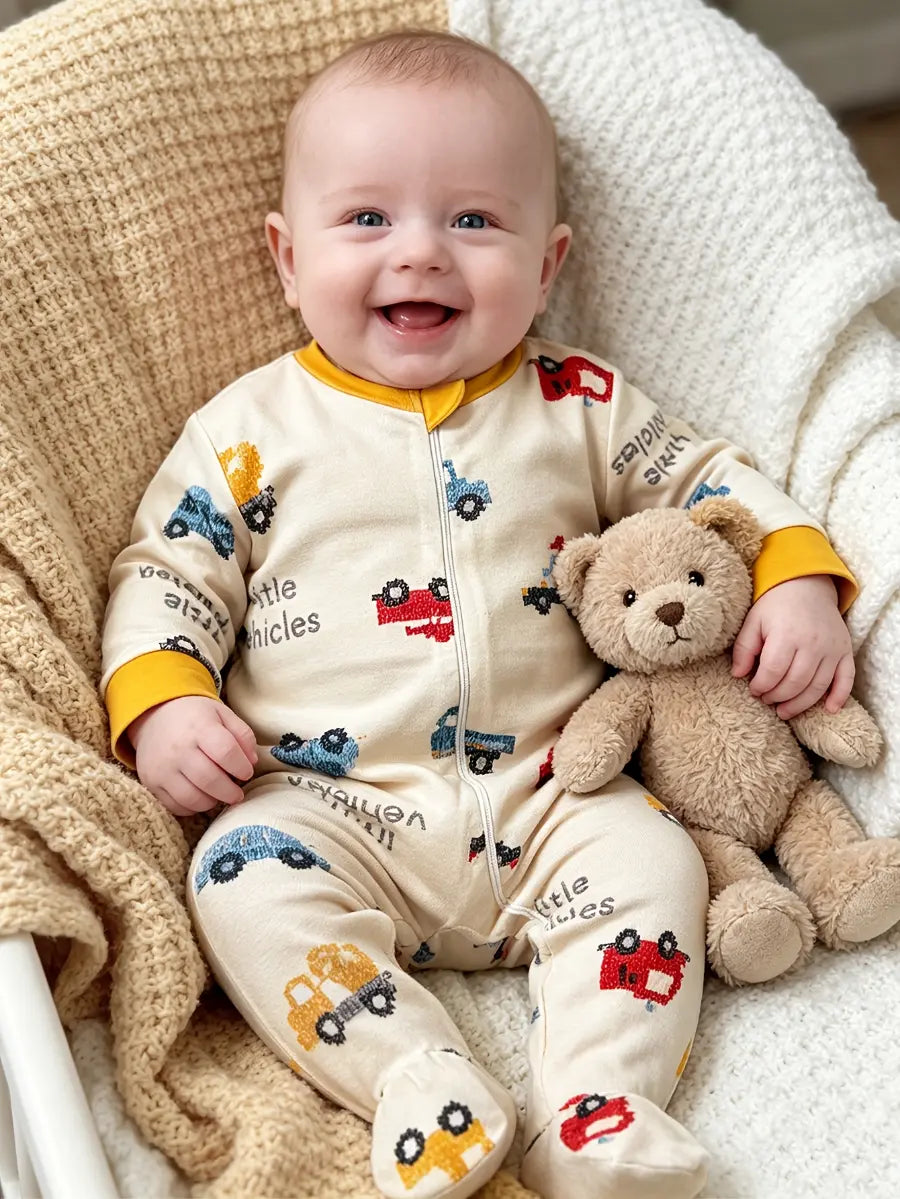 Macacão Bebê Menino Pijama Manga Longa com Pés Zíper Frontal Estampa de Carrinhos Bege Recém-Nascido ao 9 Meses — foto 1