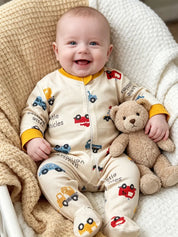 Macacão Bebê Menino Pijama Manga Longa com Pés Zíper Frontal Estampa de Carrinhos Bege Recém-Nascido ao 9 Meses — foto 1