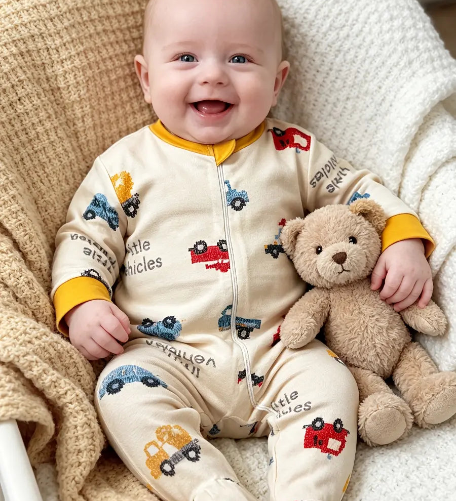 Macacão Bebê Menino Pijama Manga Longa com Pés Zíper Frontal Estampa de Carrinhos Bege Recém-Nascido ao 9 Meses — foto 1