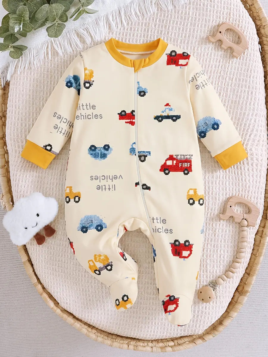 Macacão Bebê Menino Pijama Manga Longa com Pés Zíper Frontal Estampa de Carrinhos Bege Recém-Nascido ao 9 Meses — foto 2