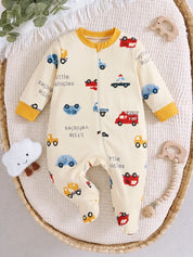 Macacão Bebê Menino Pijama Manga Longa com Pés Zíper Frontal Estampa de Carrinhos Bege Recém-Nascido ao 9 Meses — foto 2