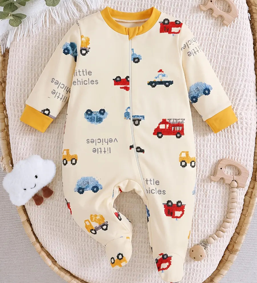 Macacão Bebê Menino Pijama Manga Longa com Pés Zíper Frontal Estampa de Carrinhos Bege Recém-Nascido ao 9 Meses — foto 2