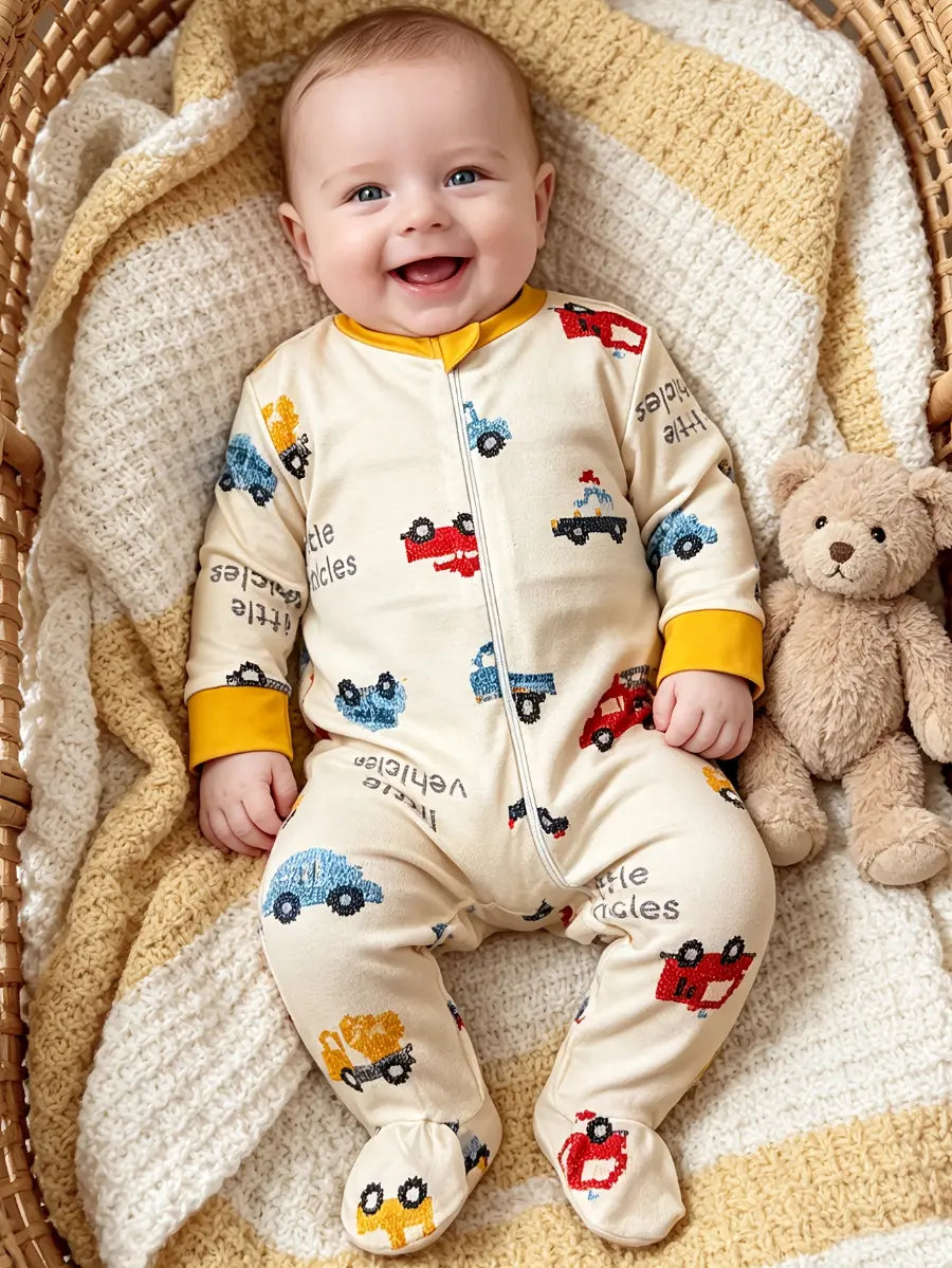 Macacão Bebê Menino Pijama Manga Longa com Pés Zíper Frontal Estampa de Carrinhos Bege Recém-Nascido ao 9 Meses — foto 4