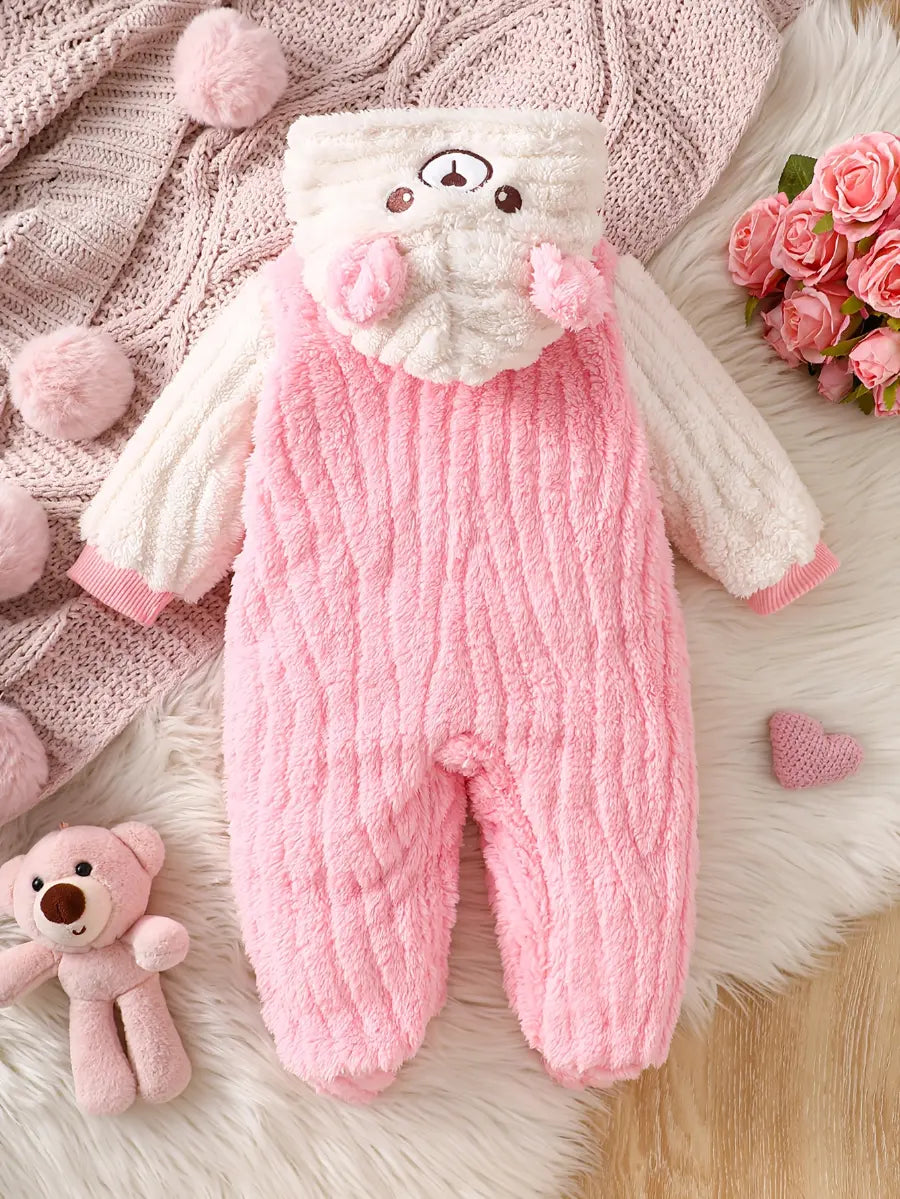 Macacão Bebê Menina com Capuz e Pés Estampa de Urso Pelúcia Rosa Inverno Recém-Nascido 0 a 9 Meses — foto 1