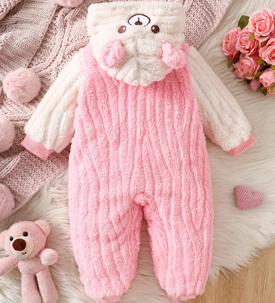 Macacão Bebê Menina com Capuz e Pés Estampa de Urso Pelúcia Rosa Inverno Recém-Nascido 0 a 9 Meses — foto 1