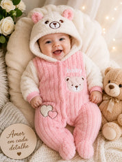 Macacão Bebê Menina com Capuz e Pés Estampa de Urso Pelúcia Rosa Inverno Recém-Nascido 0 a 9 Meses — foto 2
