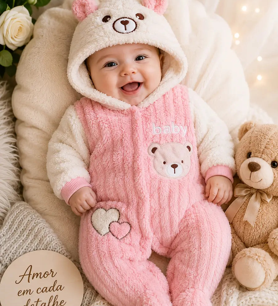Macacão Bebê Menina com Capuz e Pés Estampa de Urso Pelúcia Rosa Inverno Recém-Nascido 0 a 9 Meses — foto 2
