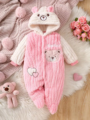 Macacão Bebê Menina com Capuz e Pés Estampa de Urso Pelúcia Rosa Inverno Recém-Nascido 0 a 9 Meses — foto 3