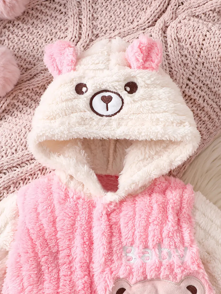 Macacão Bebê Menina com Capuz e Pés Estampa de Urso Pelúcia Rosa Inverno Recém-Nascido 0 a 9 Meses — foto 4