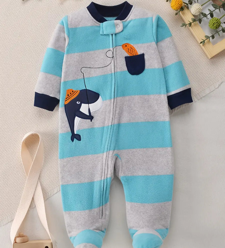 Macacão Bebê Menino Longo com Pés Fleece Zíper Bordado Baleia Listrado 0 a 9 Meses — foto 2