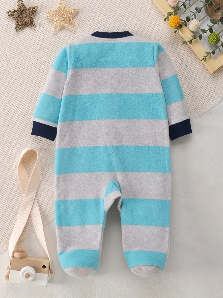 Macacão Bebê Menino Longo com Pés Fleece Zíper Bordado Baleia Listrado 0 a 9 Meses — foto 3