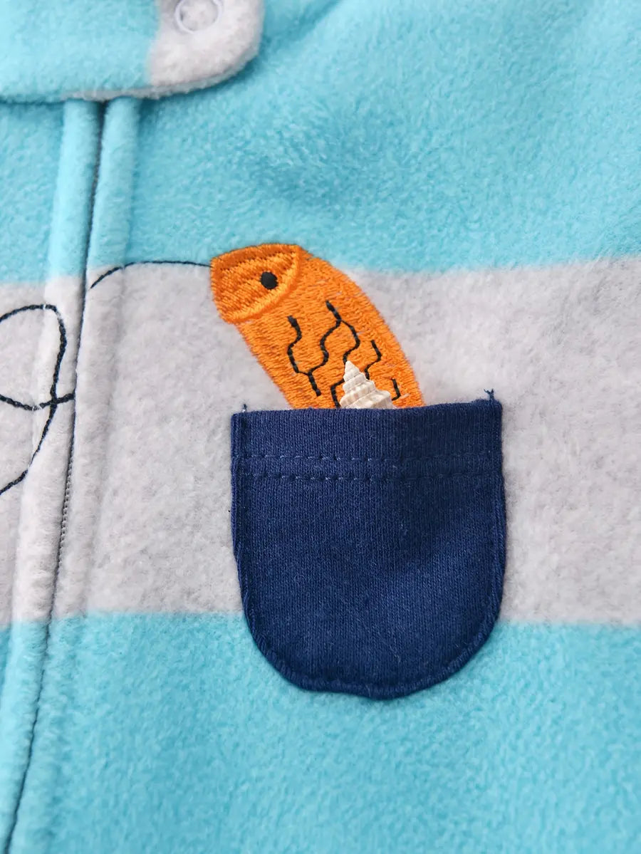 Macacão Bebê Menino Longo com Pés Fleece Zíper Bordado Baleia Listrado 0 a 9 Meses — foto 6