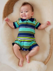Body Polo Bebê Menino Manga Curta Estampa Listras e Dinossauro Malha 0 aos 12 Meses — foto 9