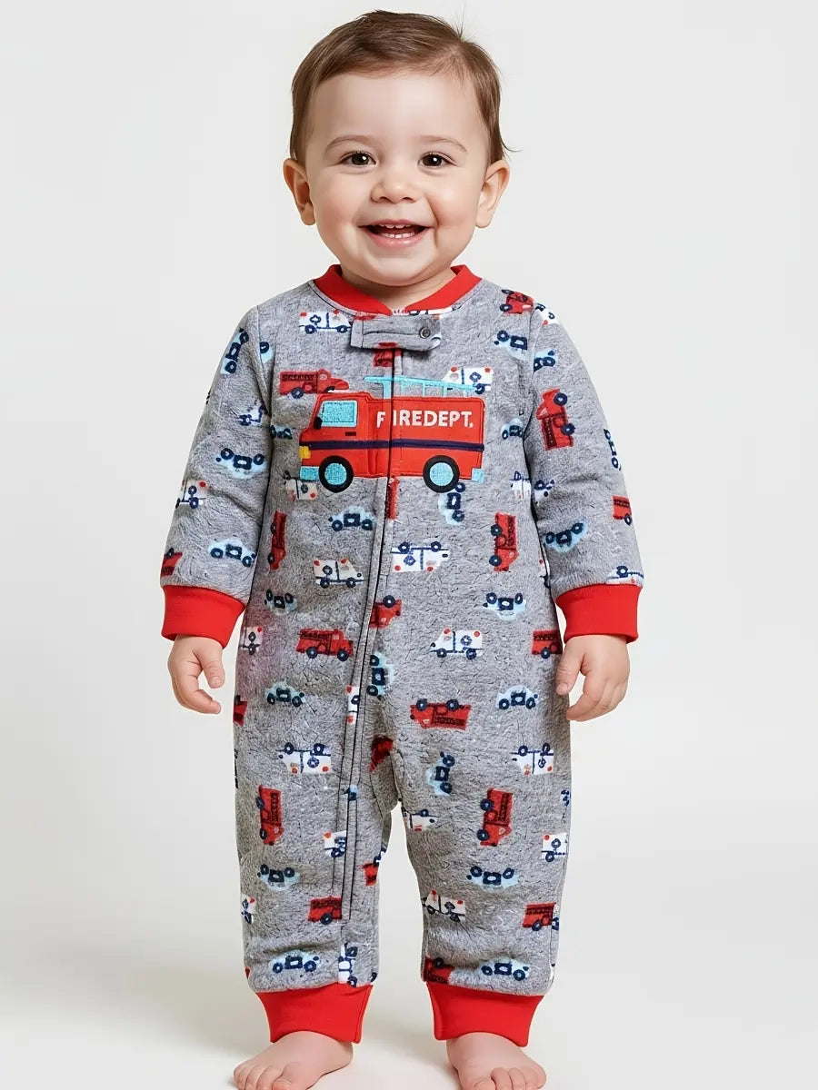 Macacão Bebê Menino Manga Longa Soft Fleece Estampa Caminhão de Bombeiro Zíper Cinza 6 aos 24 Meses — foto 1